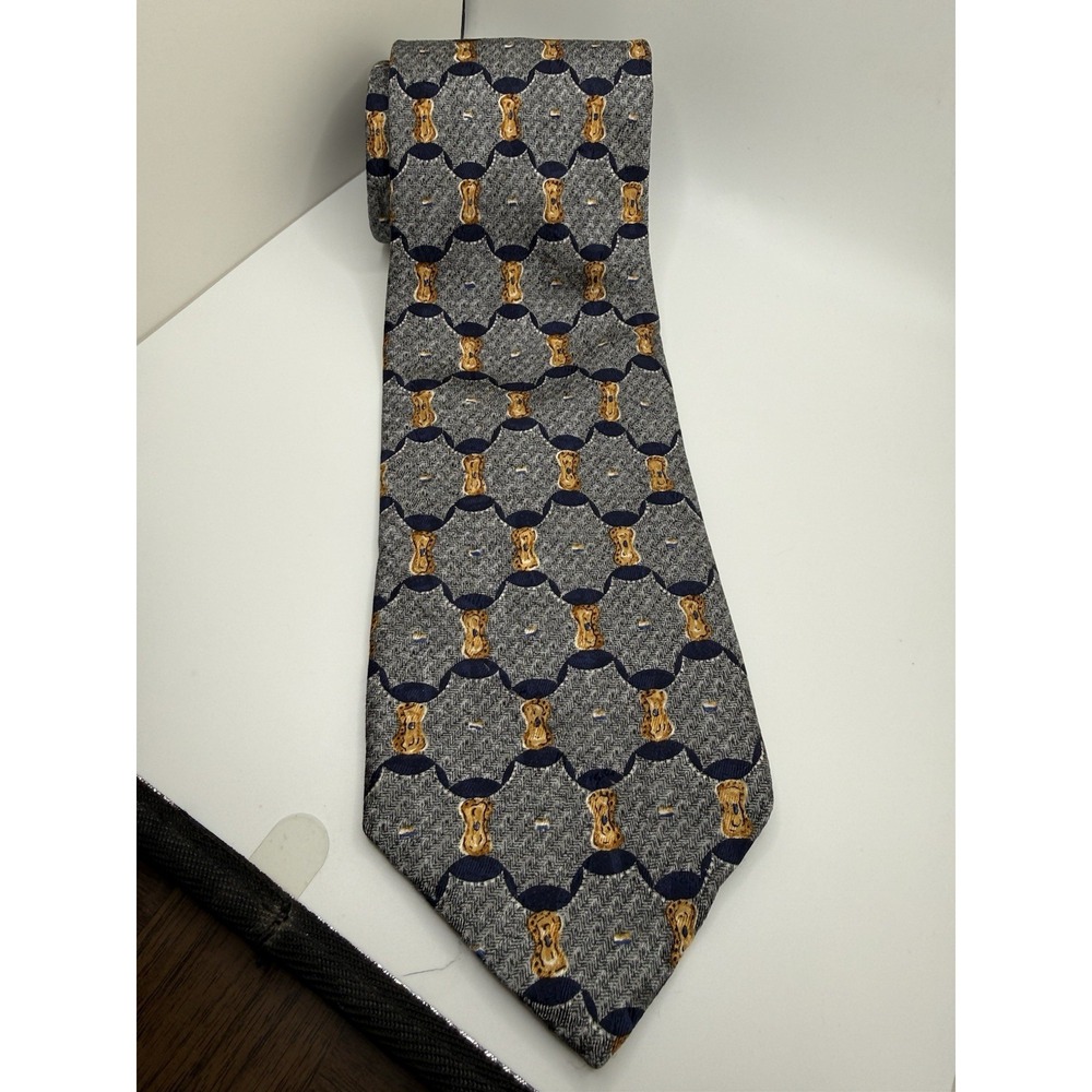 Robert Talbott Studio Tie Mens Gray Navy Gold Geometric Silk USA Made 59.5"